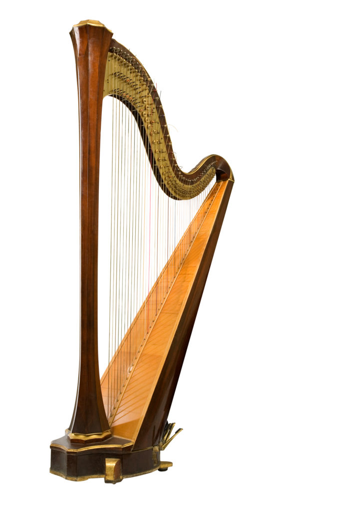 Classical musical instrument harp on a white background